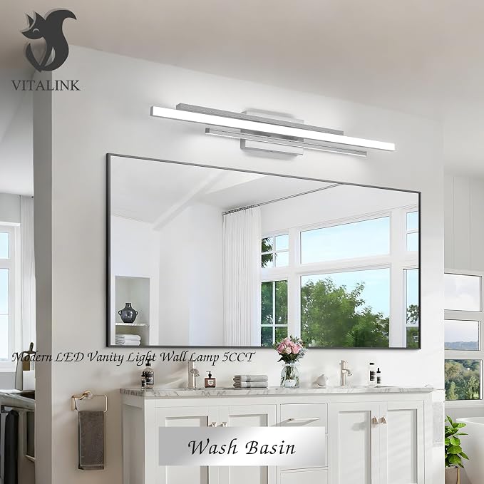 VitaLink 35 Inches Nickel LED Modern Bathroom Vanity Light Fixtures 25W Dimmable 5CCT Vanity Light Bar Over Mirror 3-Light Wall Light for Bathroom Over Mirror Picture Light