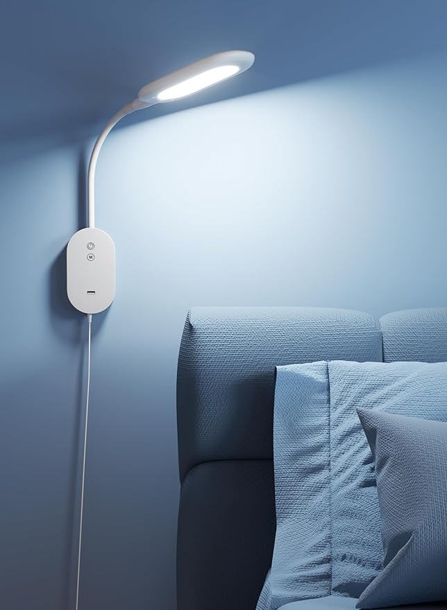 Wall Mounted Reading Light, Book Lights for Reading in Bed with CRI 95+ for Eye Care, 4 Color 5 Dimmable, 2A USB Output, 4-Hour Auto Off, Flexible Gooseneck Bed Headboard Reading Lamp White