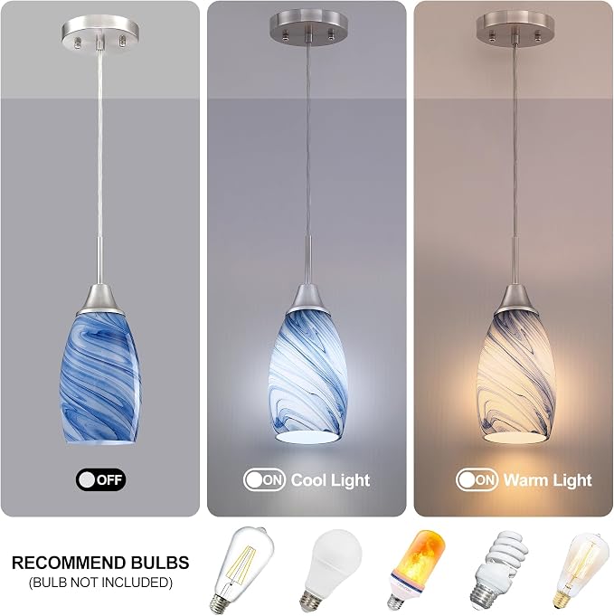 Viinew Mini Glass Pendant Light,Blue Marble Glass Pendant Light 3-Pack | Dark Blue Marble Art Glass Hanging Light,4.72" Handblown Oval Shade Adjustable Cord Ceiling Light for Kitchen