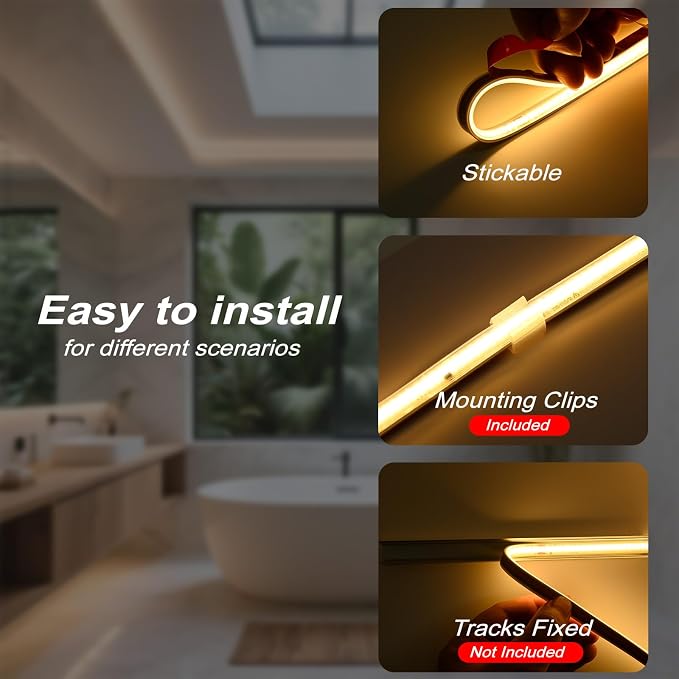 ETL COB LED Rope Light IP65 AC 120V 16.4FT 1200lm Ultra Bright 3000K White | Waterproof Cold-Resistant ETL Light Strip No Driver Tape Lighting for Home Commercial LED Strip Light 3000K Warm White