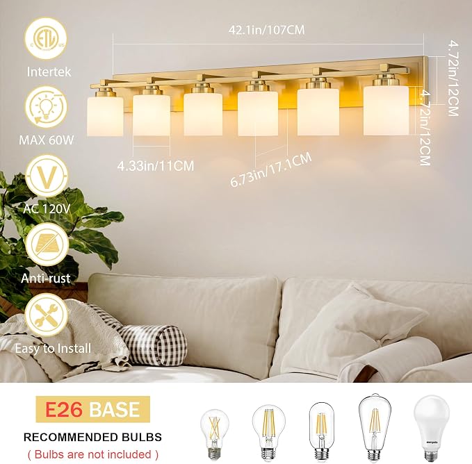 Modern Bathroom Light Fixtures Over Mirror, Vanity Lights for Bathroom Wall Sconces with Milky White Glass Shades, E26 Socket (Bulbs Not Included), 6 Light, Brass