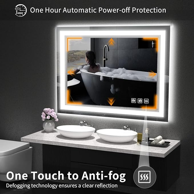LED Mirror for Bathroom, 48x36 Inch Backlit + Front Lighted Bathroom Vanity Mirror with Lights for Wall, Double Light Strips, 3 Colors, Shatter-Proof, Anti-Fog and Brightness Memory | Bathroom Vanity Mirror with Lights for Wall, Double Light Strips, 3 ...
