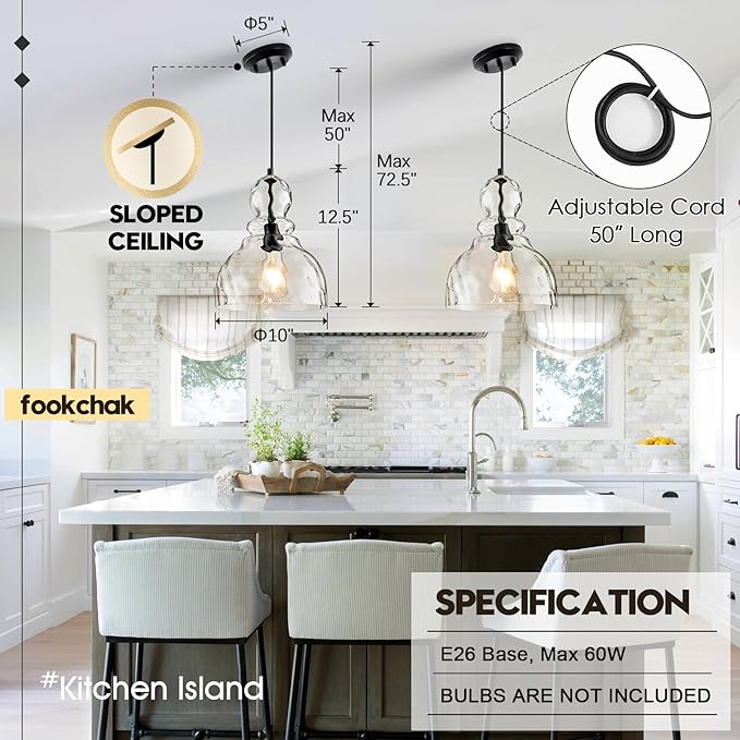 Hammered Glass Pendant Light for Kitchen Island Black Pendant Hanging Light 10inch Large Glass Pendant Lights for Kitchen Sink Dining Room Hallway Entrance, 10in, E26