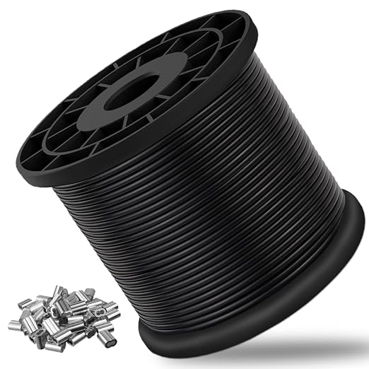Vinyl Coated Wire Rope 304 Stainless Steel Coated Wire Cable-Black, 1/16" OD to 3/32" x700FT, with 250 Pcs Crimping Sleeves-Cable for String Lights, Suitable for Clotheslines