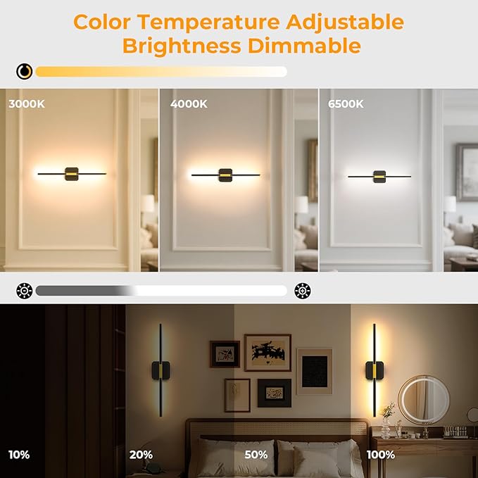 Battery Operated Wall Sconce Detachable 360°Rotate, Wireless Wall Lamp 3000-6500K Dimmable, 10000mAh Rechargeable Wall Light for Bedroom, Living Room，28.3" Black Gold 4 Pack
