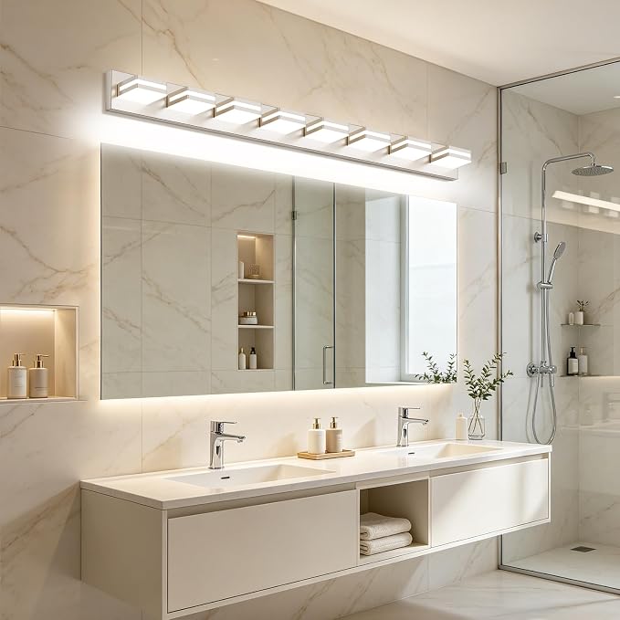 Bathroom Lights Fixtures Over Mirror, 360°Rotate Modern LED Vanity Lights for Bathroom, 64W Dimmable & High CRI Acrylic Wall Lighting, No Assembly Required (Brushed Nickel, 8-Light, 48 Inch)