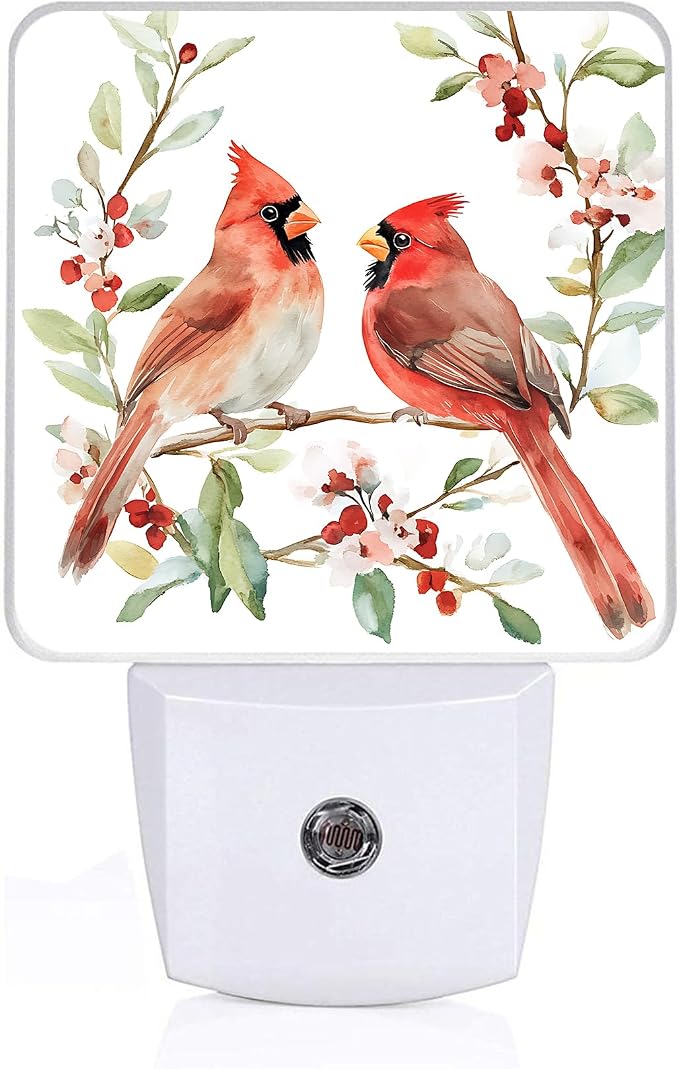 Red Cardinal Bird Night Light,Watercolor Night Lights Plug into Wall,Led Lamp for Stairway/Hallway/Bedroom 0.5W Nightlight Sleep Friendly
