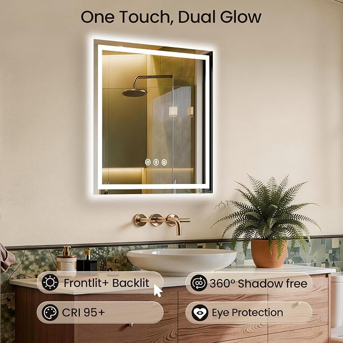 36x36 LED Bathroom Mirror with Anti-Fog, Backlit & Front Lit, Memory | Stepless Dimmable 3 Color CRI 95+ Shatterproof Tempered Glass ETL Listed for Safety Lighted Bathroom Vanity Mirror for Wall
