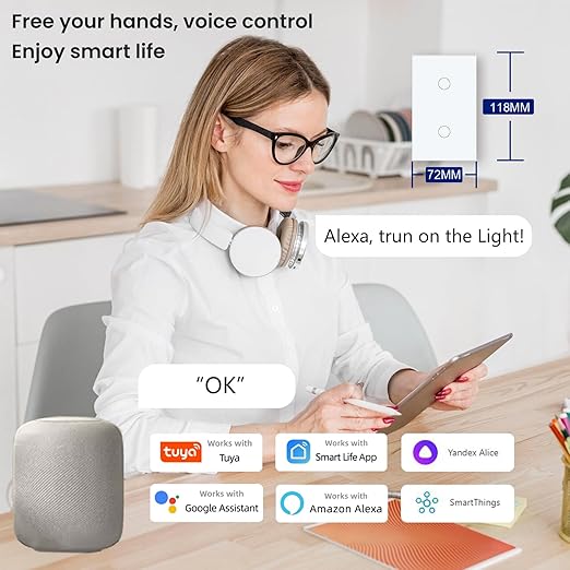 WiFi Smart Light Switch,2-Button Single Gang 2.4GHz Wi-Fi Touch Switch, Neutral Wire Required,Work with Smart Life/Tuya App and Alexa,White