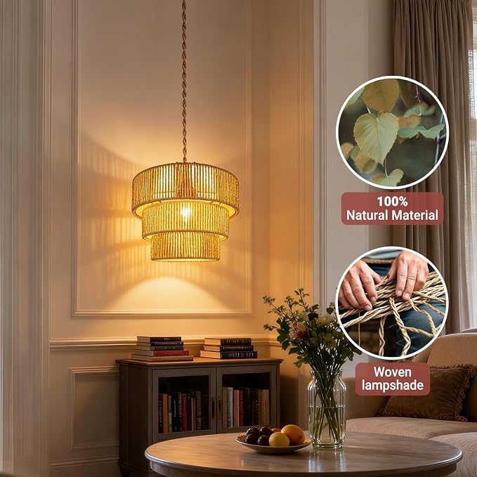 Hanging Light Ceiling Lamp Pendant Lights Rattan Hanging Lamp with Plug in Cord for Living Room Bedroom Kitchen Indoor Hanging Lamp Plug in Woven Lampshade