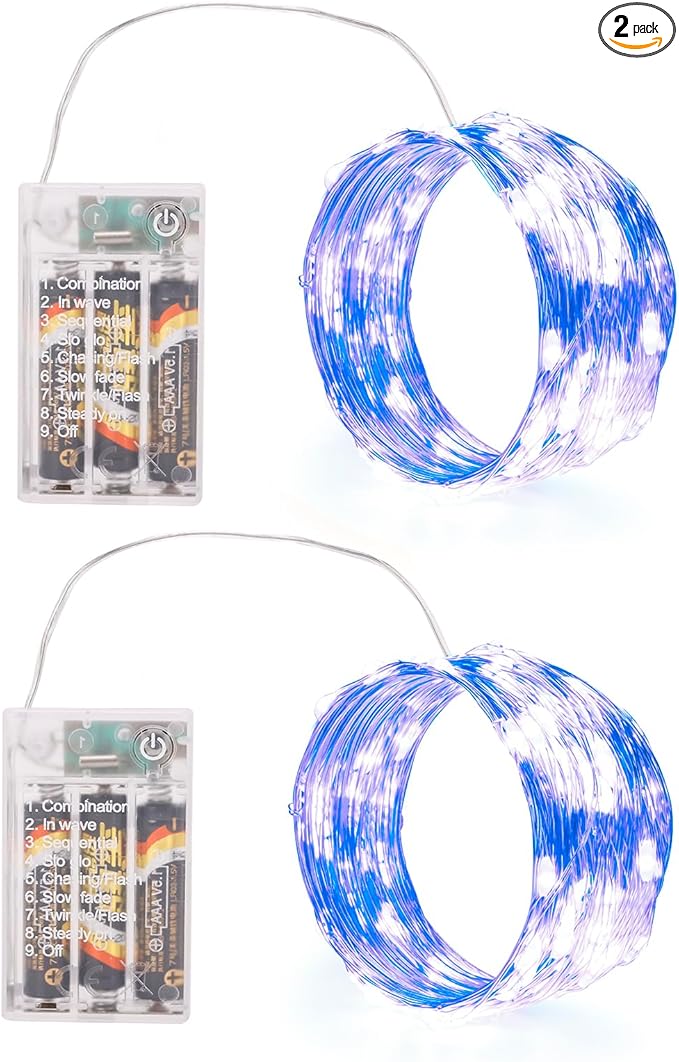 Blue Fairy Lights Battery Operated (Included), 8 Modes & Auto Timer, 2 Packs 5m 50Led Mini Twinkle Silver Wire Firefly Starry Lights, Waterproof Battery Operated Lights for Wedding Parties