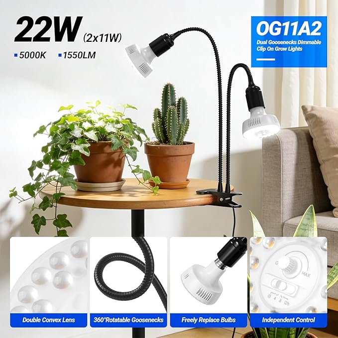 Barrina Orbgrow OG11A2 Clip On Grow Light for Indoor Plants, 5000K 22W | Integrated Stepless Dimming & Timing, Full Spectrum, High PPFD, 2 Goosenecks with E26 Plant Light Bulbs