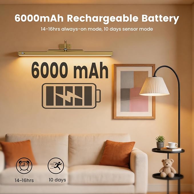 Rechargeable Motion Sensor Picture Light for Wall, 24 Inch, Brass, 1 Pack | 6000mAh Battery, Cordless, Magnetic Detachable Bar, Rechargeable, Remote Control, 3CCT Dimmable, for Artworks/Photos
