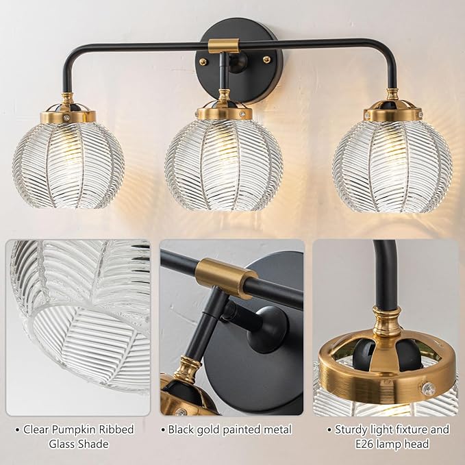 Bathroom Vanity Light Clear Glass Globe Wall Light Fixture Ribbed Glass Shade Mid Century Wall Sconce Lights Fixtures Over Mirror Modern Art Deco Sconces Farmhouse Bathroom Lighting