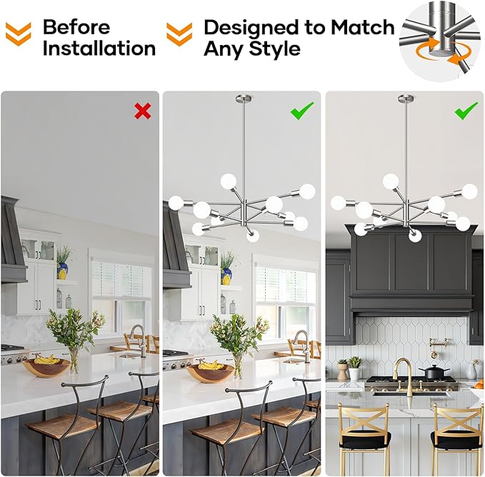 Sputnik Chandeliers Dining Room Light Fixture (10-Light, 32-Inch), Modern Brushed Nickel Chandelier, Height Adjustable Mid Century Modern Chandeliers for Living Room Entryway (Bulbs Not Included)