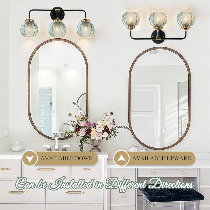 3-Light Bathroom Vanity Lights Vintage Bathroom Sconce Lights with Green Ribbed Glass Shade Mid Century Modern Light Fixture Art Deco Wall Lamp Mirror Over Vanity Light fixtures