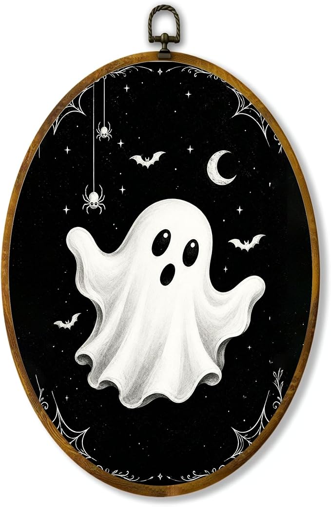 Black White Ghost Oval Wall Art, Framed Canvas Decor, 8.5x11.5 Inch | White ghost on black sky, bats, spiders, stars and crescent moon Halloween decor