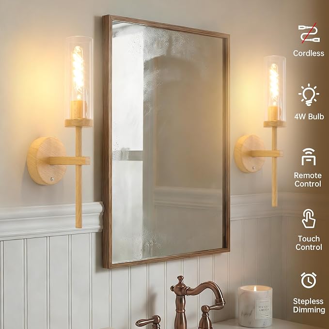 Shenmoyl Battery Operated Wall Sconces Set of 2, Beech Color Rechargeable Wall Lighting Fixtures, Dimmable Wall Lights with Remote & Clear Glass Shade for Living Room, Bathroom,Bedroom