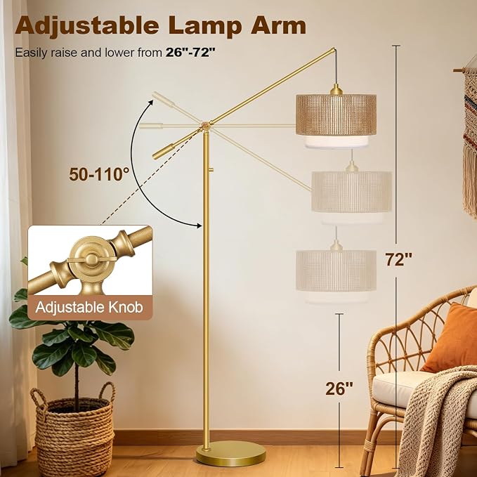 【Upgraded】Arc Floor Lamp for Living Room, Boho Dimmable Swing Arm Floor Lamp with Rattan & Fabric Shades, Gold Rattan Standing Lamp with 11W Bulb, Farmhouse Adjustable Tall Lamp for Bedroom Office