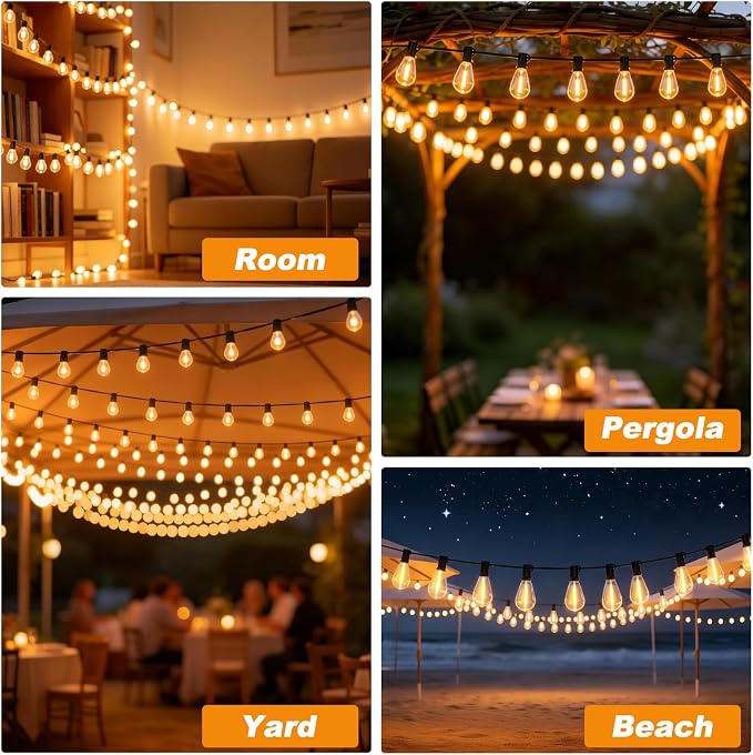 50(40+10)FT Outdoor String Lights, 15m Waterproof Remote LED Patio Lights with 19+1 S11 Bulbs 10FT Extension Cable, Dimmable Outside Hanging Lights for House, Porch,Yard,Garden,Bistro, Gazebo lighting