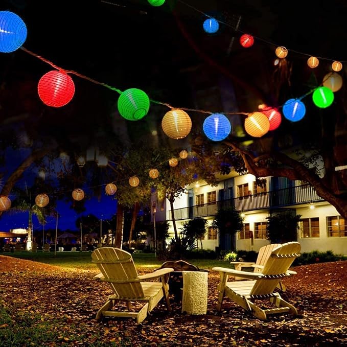 Abeja Nylon Lantern String Lights 8.5 Ft Colorful Print Pattern Light with 10 Multicolor Lanterns for Garden Decorative Lights Indoor Outdoor Patio Party Wedding Bistro Bar Backyard, White Wire