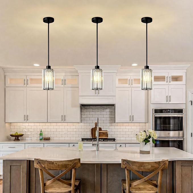 5.1" Mini Modern Black Crystal Kitchen Island Pendant Lights 3 Pack | Small Crystal Glass Shade, Sparkling Crystal Reflections, Customizable Hanging Height, Fits Most Ceilings, Matte Black Finish
