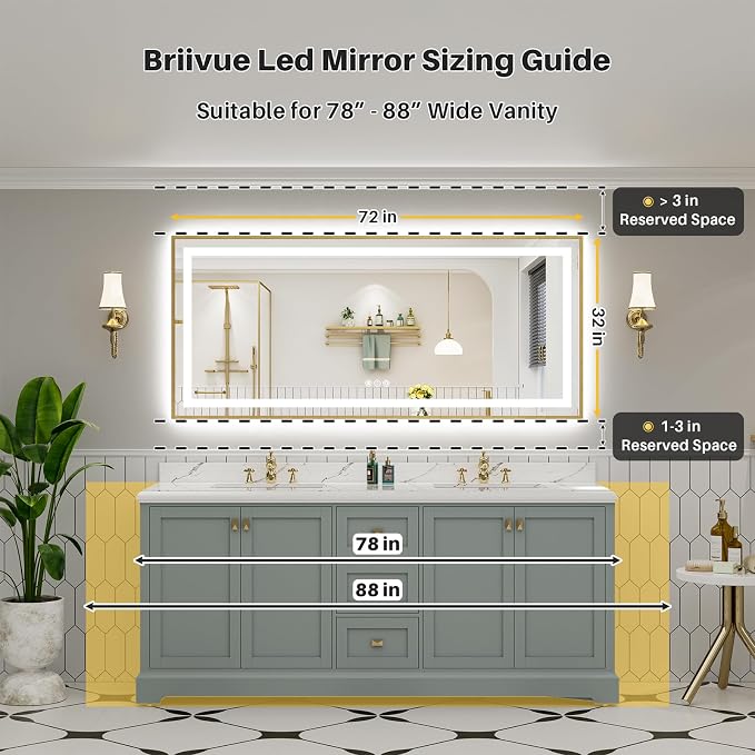 72x32 Inch LED Bathroom Mirror with Gold Frame, Backlit & Front Lit | Anti-fog, 3 Color Dimmable, Memory Function, HD Reflection Tempered Glass, ETL Listed, IP54 Waterproof
