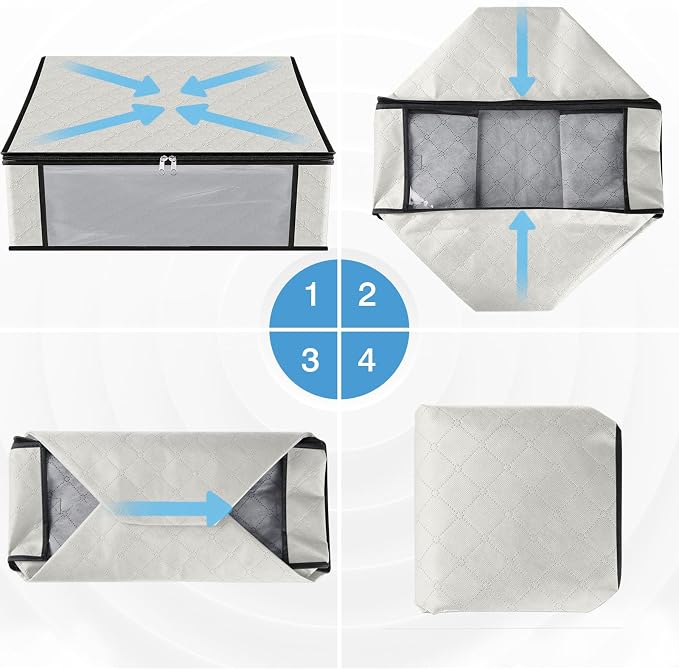 HomeHacks 3-Pack Clothes Organizer Storage Bags, 35L Storage Bins, White | Foldable Storage Box Container with Zippers, Clear Window, Reinforced Handles for Closet, Dorm, Pillows, Bedding, Sweater