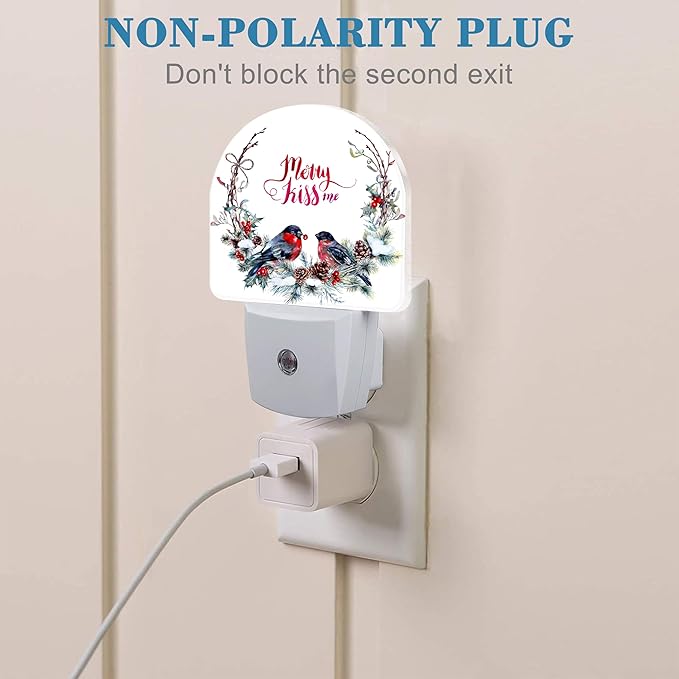 Plug in Night Lights Watercolor Christmas Wreath with Bullfinches Nightlight Plug Into Wall Dusk to Dawn Sensor LED Night Light for Kid Girls Boys Room Decor,Hallway,Kitchen,Bathroom,Nursery