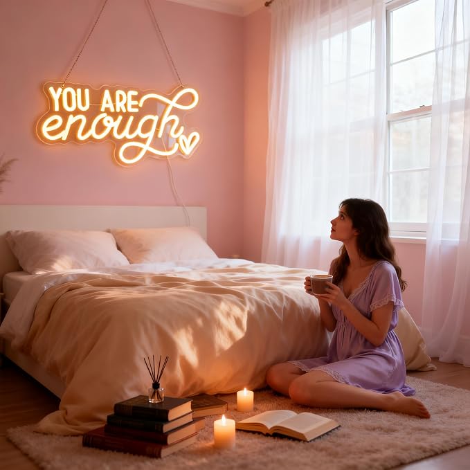You Are Enough Neon Sign, Self Love Neon Light with Floral Decor, Motivational Wall Art for Bedroom, Therapy Office Decor, Mental Health Awareness Gift, USB Dimmable (16.5"x8.3")