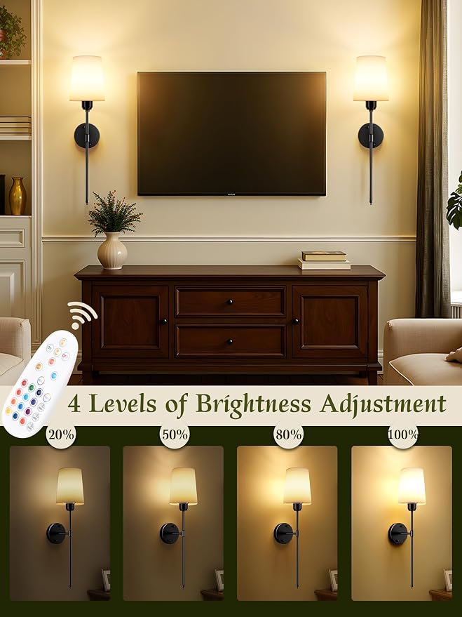 Battery Operated Wall Sconces Set of 2, Black, Dimmable & 15 RGB, 23 Inch | Renter Friendly, Rechargeable Magnetic Bulbs, Remote Control, LED Cordless Wall Lights for Living Room, Bedroom, Hallway