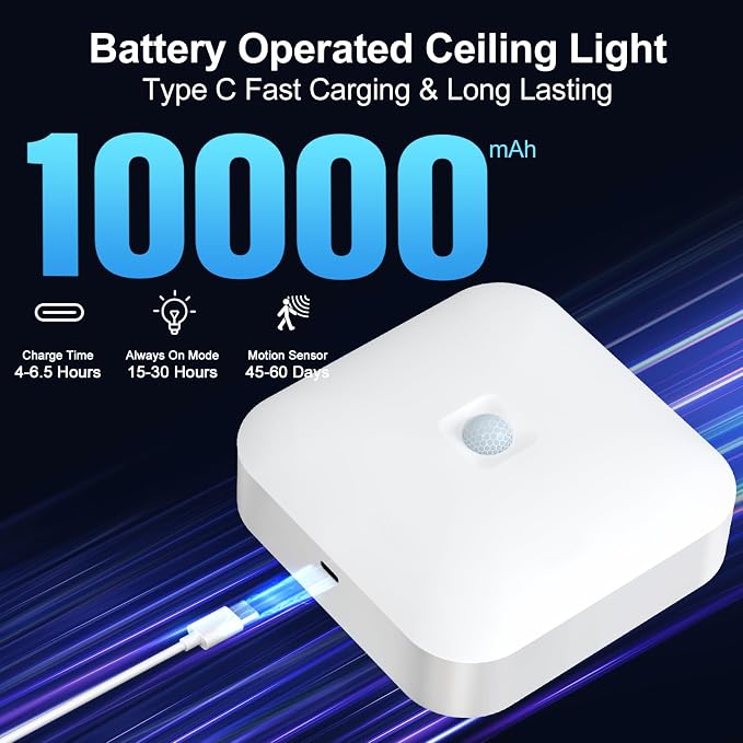 Rechargeable Motion Sensor Ceiling Light Indoor Closet Light with Remote | Battery Operated Ceiling Light with Timer - Wireless Dimmable Magnetic Mount Shower Lamp for Bathroom/Stairs/Garage/Hallway