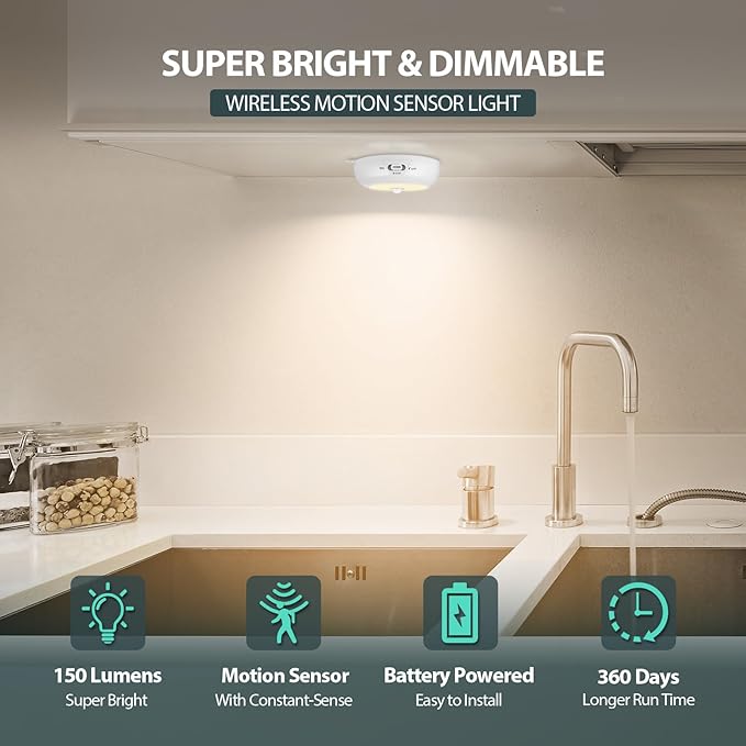 Motion Sensor Light Indoor AA Battery Operated, Under Cabinet Lighting, Magnetic Stick on LED Puck Lights for Stair, Wall, Closet, Dimmable, 3000K Warm White (3 Pack)