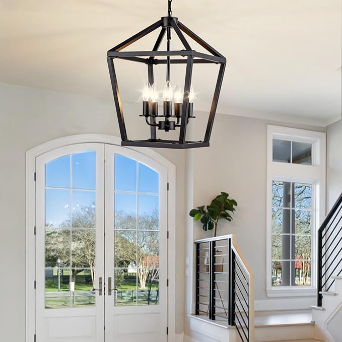 5-Light Black Pendant Lights Kitchen Island, 13 Inch Farmhouse Pendant Light, Adjustable Height Iron Lantern Black Pendant Light Fixtures, Cage Farmhouse Chandelier Island Lights for Kitchen Foyer