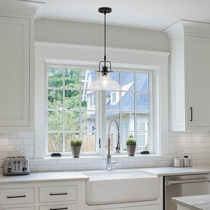 WILON Clear Glass Modern Pendant Light for Kitchen, Black | 11'' Clear Glass Shade, Adjustable Height, E26 Ceramic Socket, 60W MAX, Farmhouse Style for Dining Room Kitchen Over Sink