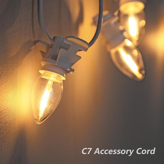 Accessory Cord with 3 LED Night Light Bulbs - White Cord with On/Off Switch- C7 led Bulb Warm White 2700K with Spare Fuse for Holiday Decoration and Craft Village House Decoration