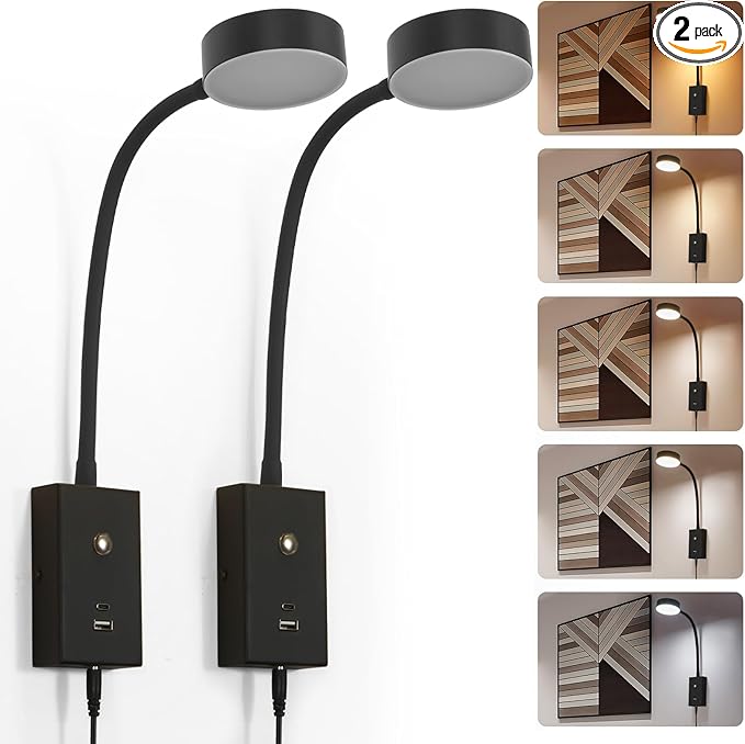 LED Wall Mounted Reading Light for Bed 2Pack, Flexible Gooseneck Book Light for Wall Bedside Lamp with USB-A/C Output,Touch Control 5 Dimmable Headboard Bed Lights
