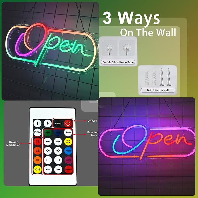 ineonlife Open Neon Sign Dream Colorful Open Controller Neon Light for Wall Display Sign Walls Window Door Bar Shop Coffee Salon Hotel Store Restaurant Bakery Decorations