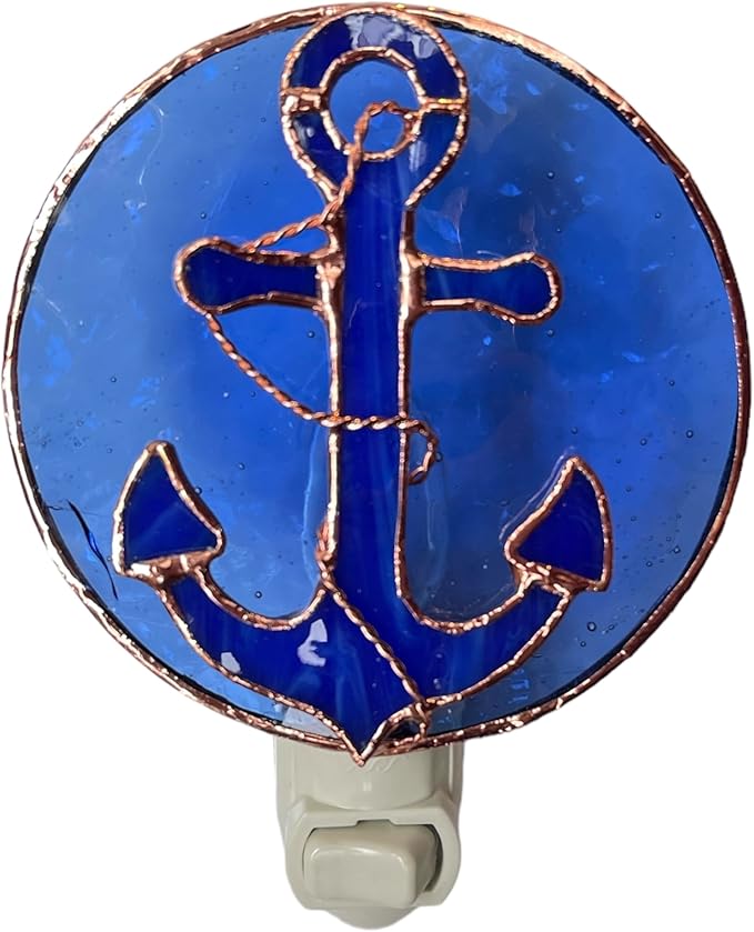 Gift Essentials Blue Anchor Plug in Night Light - Stained Glass Nightlight with On/Off Rocker Switch - Includes One 4 Watt Replaceable Incandescent Warm Glow Bulb