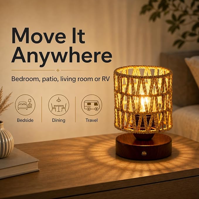 Cordless Operated Rattan Lamp, 5000mAh Rechargeable Dimmable Handwoven Open Weave Drum Table Lamp with Edison Bulb, Boho Nightstand Light for Bedroom Home Decor