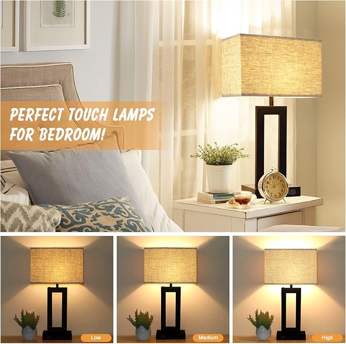MoMyofdy Tall Table Lamps for Living Room Set of 2, Modern Bedside Lamps w. 2 USB Ports, 3-Way Dimmable Touch Control Nightstand Lamp Set w. Fabric Cream Shade for Bedroom End Table, 22 in