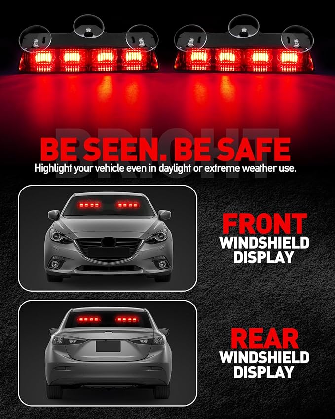 HLauto 2002L Emergency Dash Strobe Lights: Red Safety Lights, Flashing Warning Hazard Windshield Visor Traffic Light Bars for Trucks, Construction Vehicles (2x8.5 inch, 48LED)