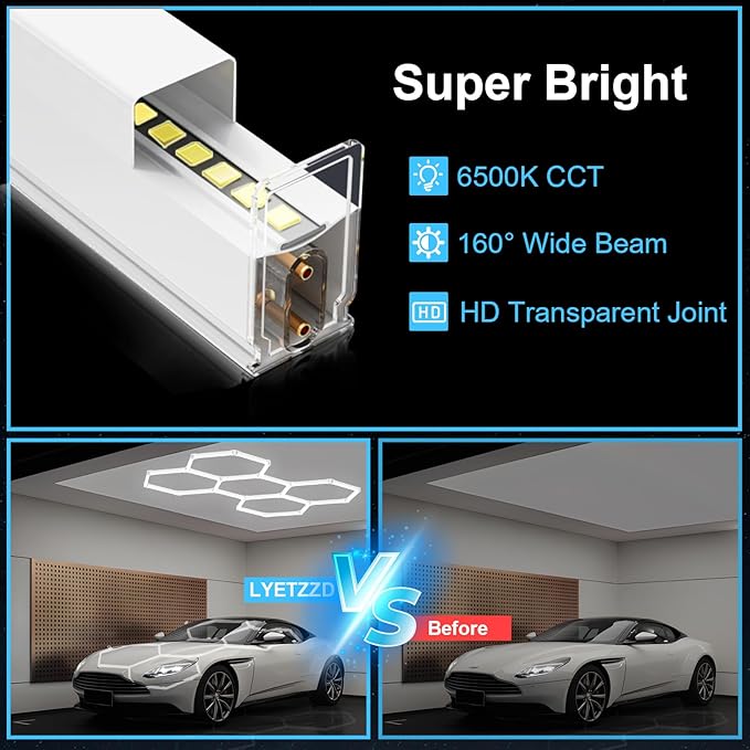 Hexagon Garage Light 3 Hex, 105W 12600LM, 6500K Super Bright Honeycomb LED Ceiling Light for Garage, Workshop, Basement, Gym, Car Detailing Shop