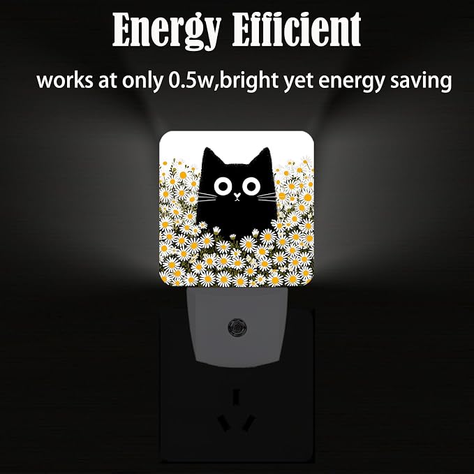 Cute Cat and Daisy Night Light,Plug Into Wall for Boys Girls Bedroom Decorative Square Night Light Lamp 0.5w Sleep Friendly