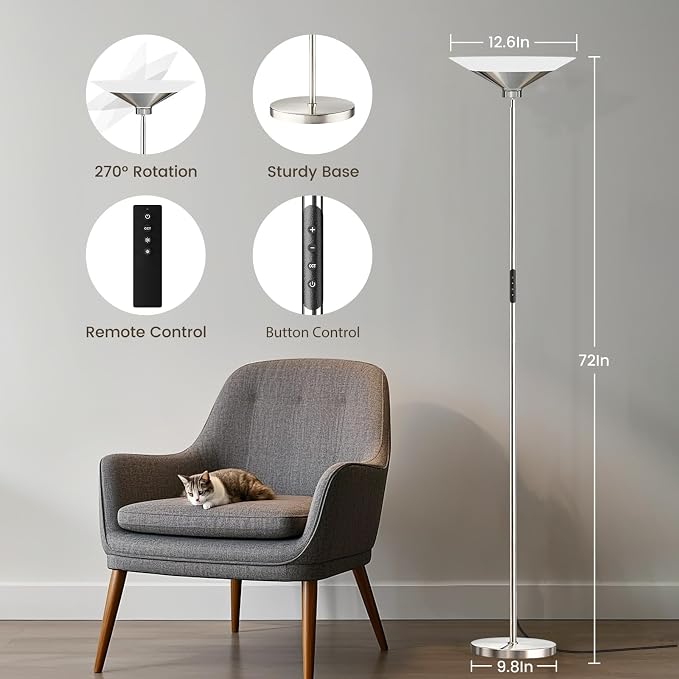 Metallic Silver Torchiere Floor Lamp - 30W Dimmable LED Standing Lamp with Remote/Button Control, 1800Lm, 3000-6500K, 72in Tall Bright Pole Light for Living Room Bedroom Office Corner