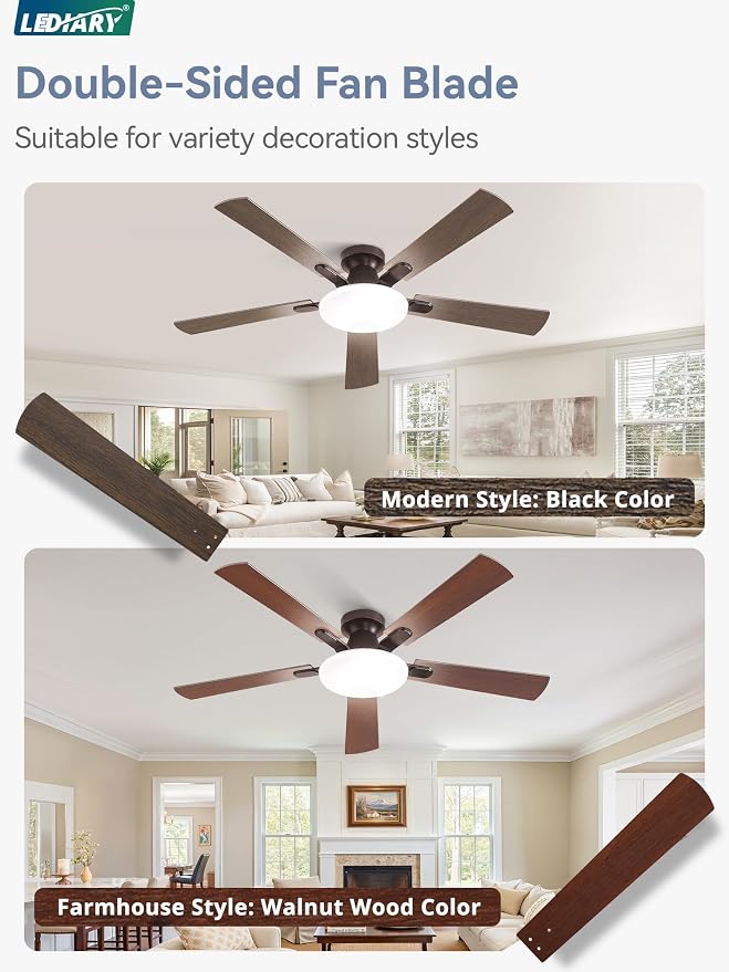 LEDIARY 60 Inch Flush Mount Ceiling Fans with Lights, Remote & APP Control | 3CCT,Stepless Dimmable,Memory Function,Timer,6-speed,Reversible Blade, Quiet DC Motor, Damp-Rated, Living Room, Covered Patio