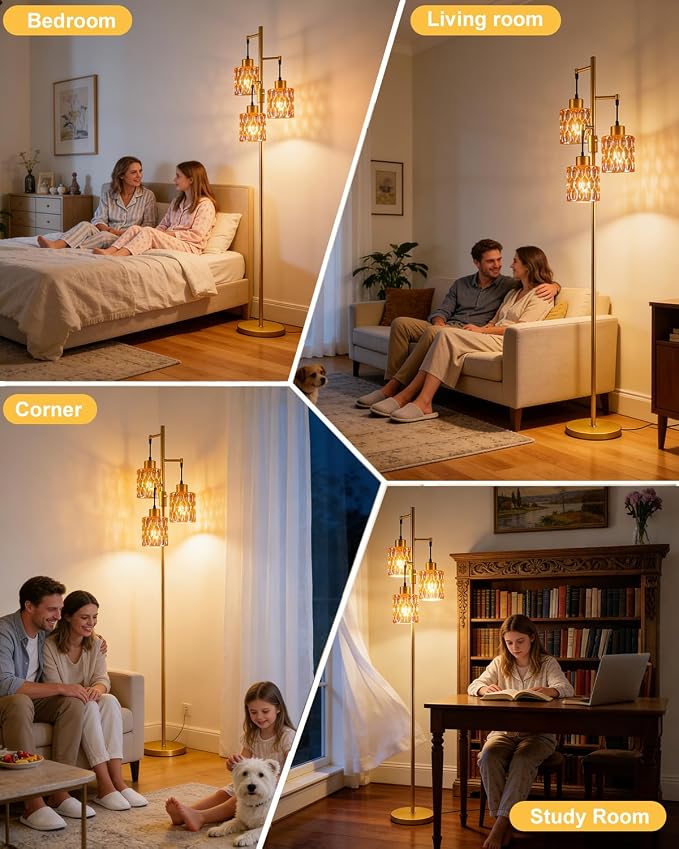 Lightdot 67" 3-Light Glass Floor Lamp for Living Room, Dimmable with Amber Glass Shade & E12 Bulbs Included, Mid Century Standing Tall Lamp with 5Lbs Heavy Base for Bedroom/Sofa Beside/Corner - Gold