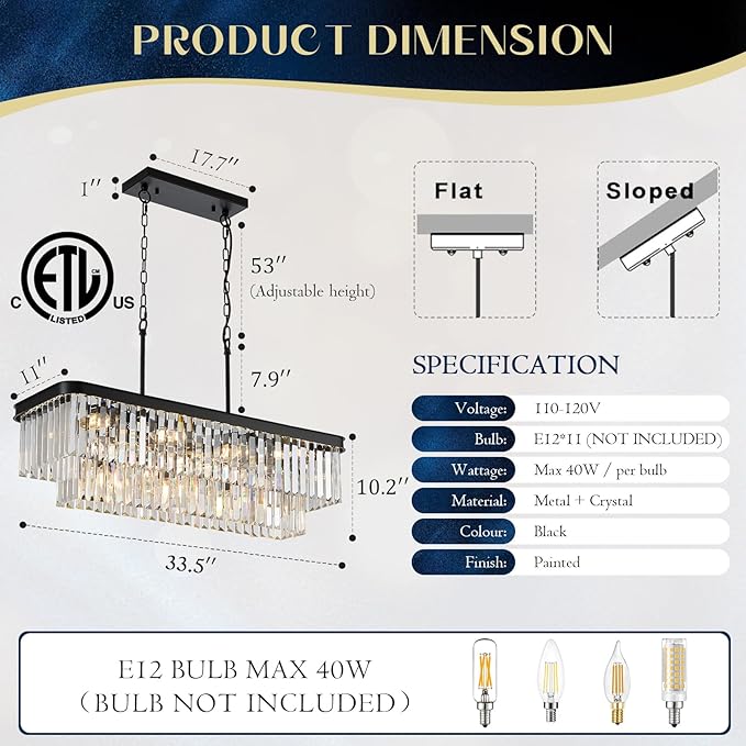 Modern Rectangular Crystal Chandeliers for Dining Room 11 Lights L33.5” Black Rectangle Chandelier Luxury K9 Crystal Ceiling Pendant Light Fixture for Kitchen Island Bar