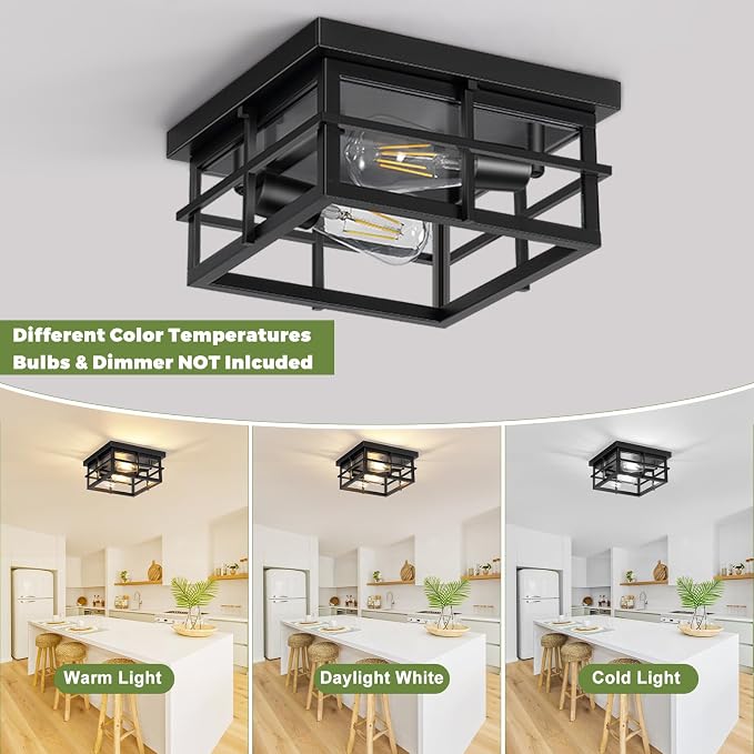 Asnxcju 2-Light Black Flush Mount Ceiling Light, Farmhouse Kitchen Lighting Fixtures with Clear Glass, Outdoor Porch Lights Ceiling Mount, Square Hallway Light Fixtures for Bedroom Living Room Balcony