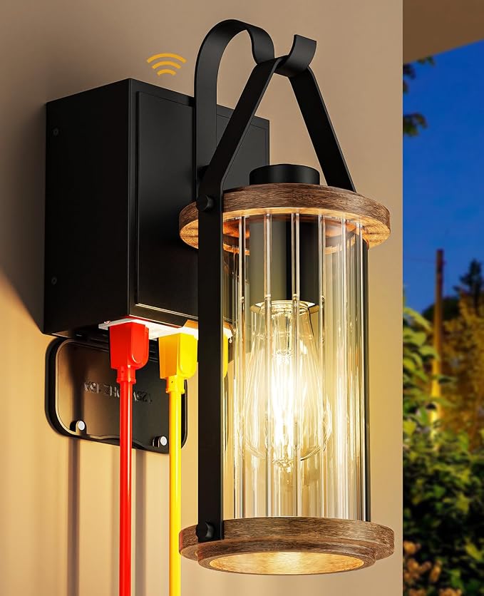 Porch Light with Outlet GFCI Dusk to Dawn Outdoor Lights for House Waterproof Exterior Lighting Fixtures Wood Look Glass Modern Front Porch Garage